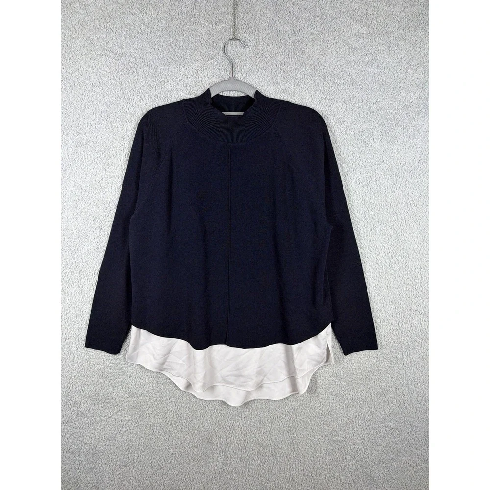 Ted Baker Womens Size 3 Navy Mock Neck Sweater Layered White Shirt Hem Popila